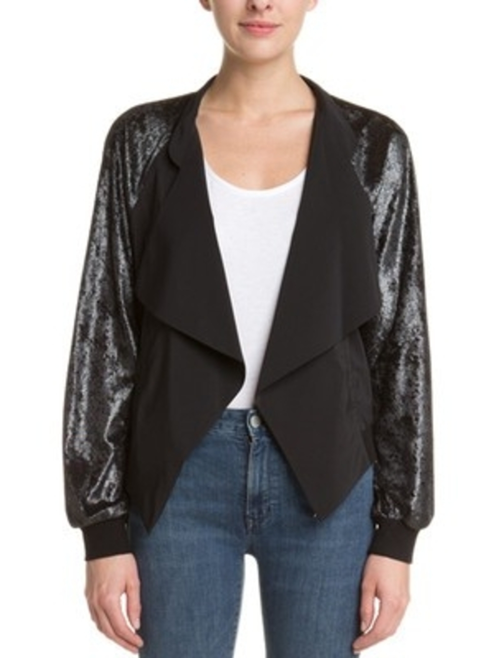 BCBGeneration Black Draped Bomber Jacket with Shiny Shimmer Sleeves